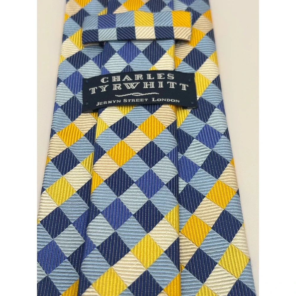 Charles Tyrwhitt Mens Silk Tie Blue Yellow Geometric Diamond Made in England